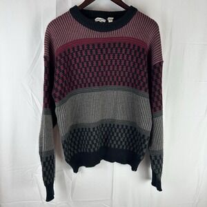 Vintage Saturdays Knit Sweater Fair Isle Acrylic Retro Mens Large Red Black Gray